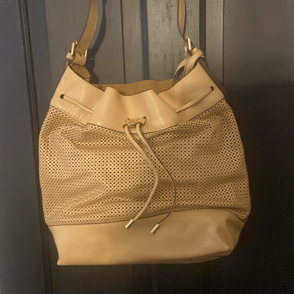 Vince Camuto Sand Perforated Drawstring Hobo Bag with leather pouch